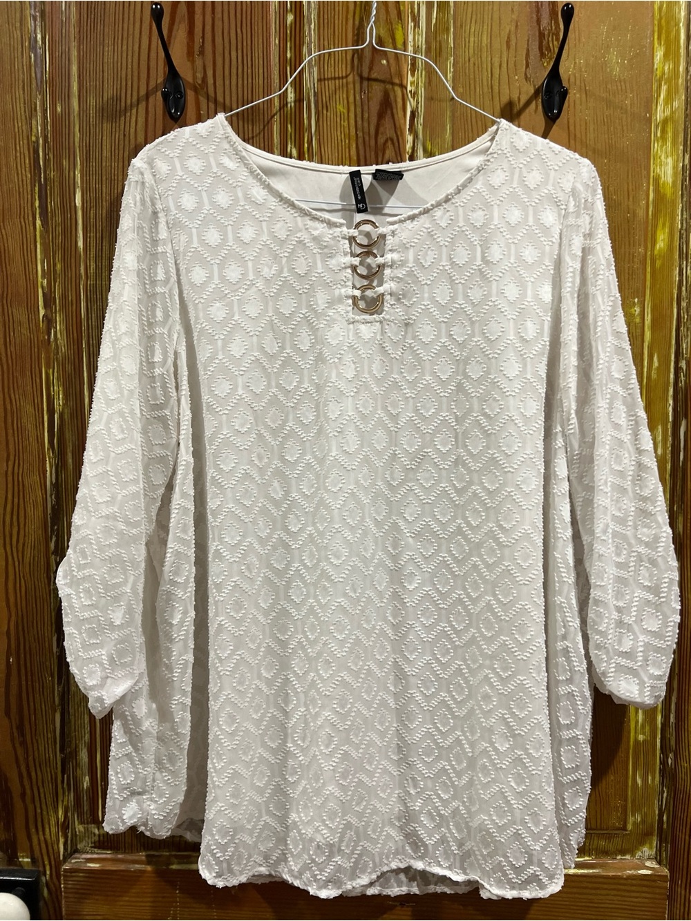 new directions White Textured Blouse with Linked Ring Detail